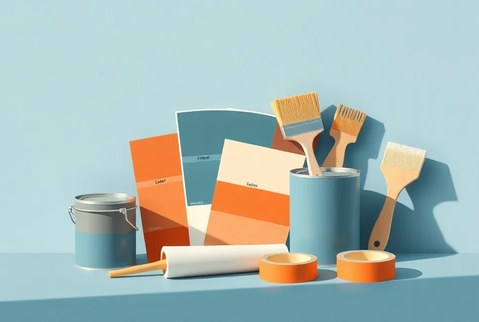 Pots de peinture, nuancier, brosses et rouleaux disposés à plat