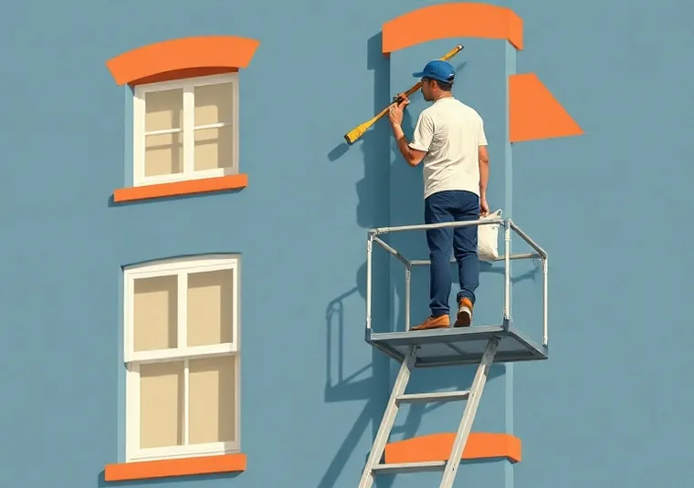 Peintre sur échafaudage traitant la façade d'une maison