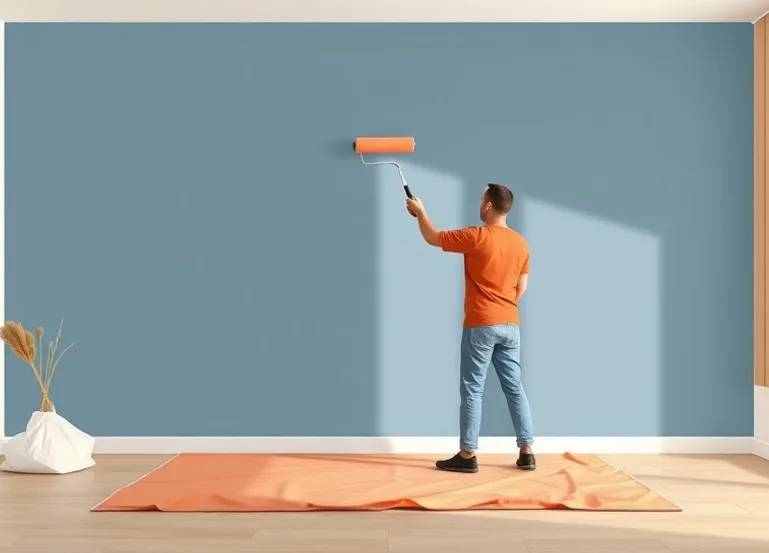 Peintre appliquant la peinture au rouleau sur un mur de salon
